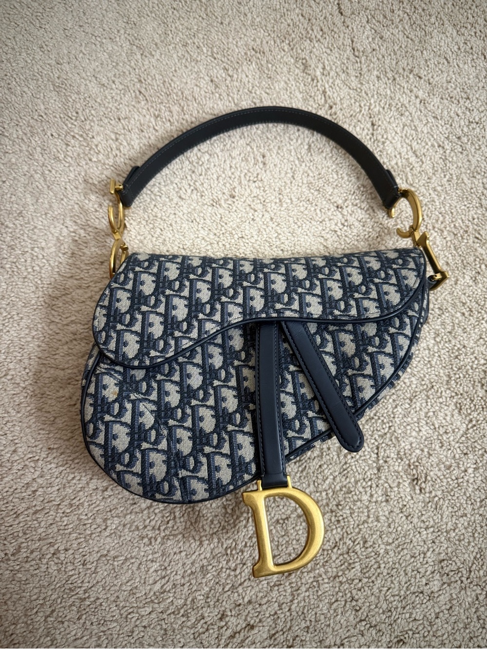 Dior Blue/White Saddle Shoulder Bag with Gold 'D' Charm